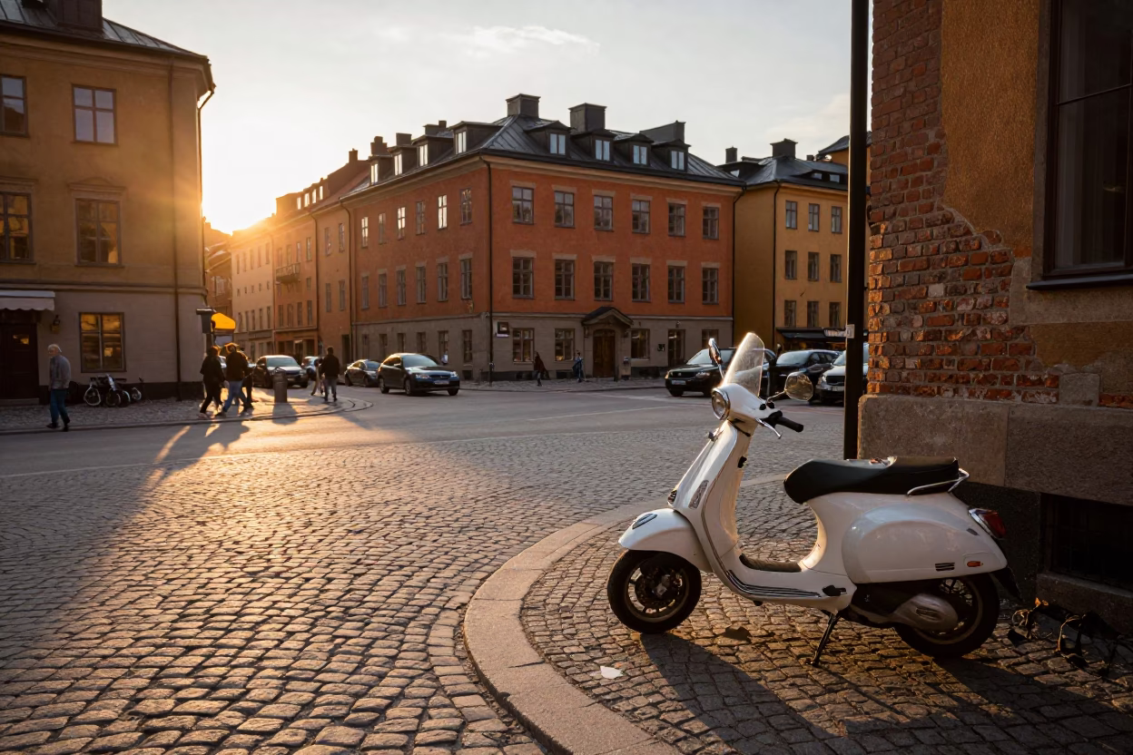 Busy Stockholm Street Corner at Sunset with Vintage Vespa and Urban Details in in Stockholm, Sweden