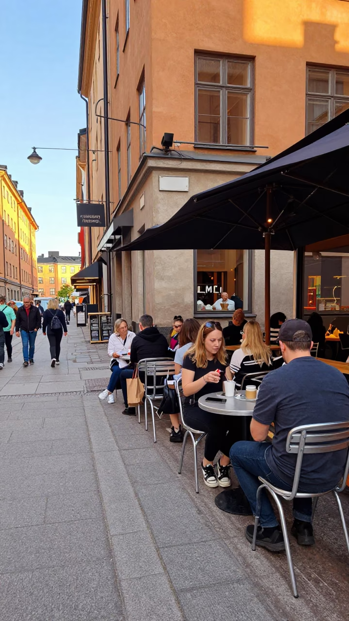 Busy Stockholm Street Corner Cafe Outdoor Seating Early Afternoon with Magazine Rack in in Stockholm, Sweden