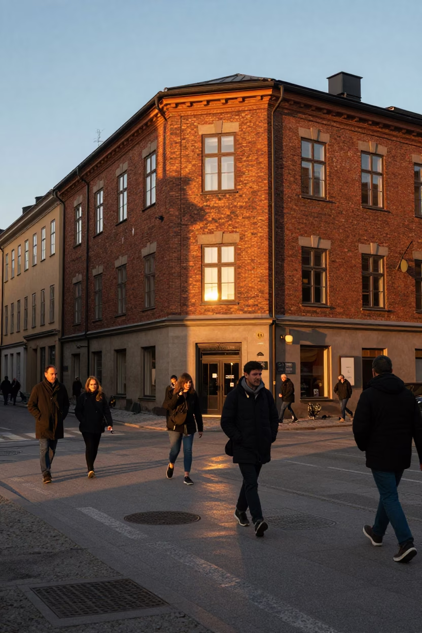 Busy Stockholm Street Corner in Honeyed Evening Light with Local Commuters and City Details in in Stockholm, Sweden
