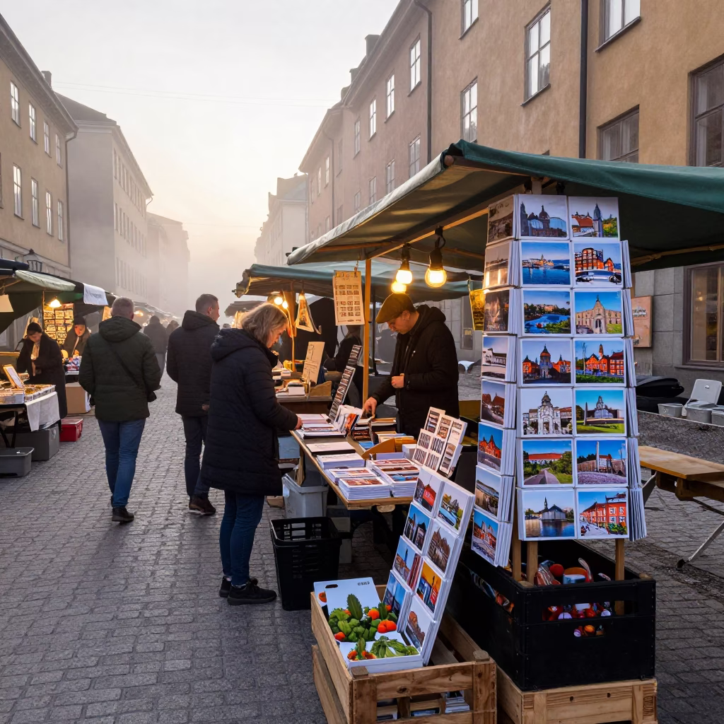 Busy Stockholm Street Market Stall at Dawn with Postcards and Coffee Jars in in Stockholm, Sweden
