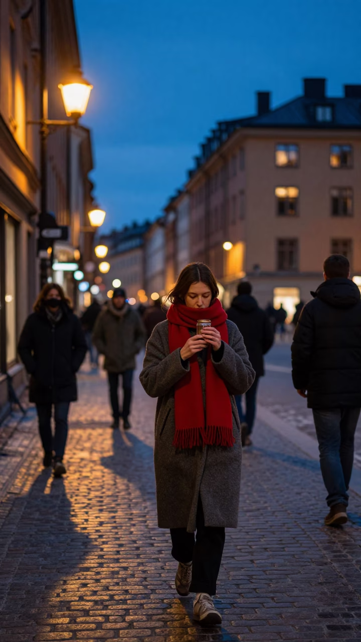 Busy Stockholm Street Scene at Blue Hour with Scarf and Spice Jar in in Stockholm, Sweden