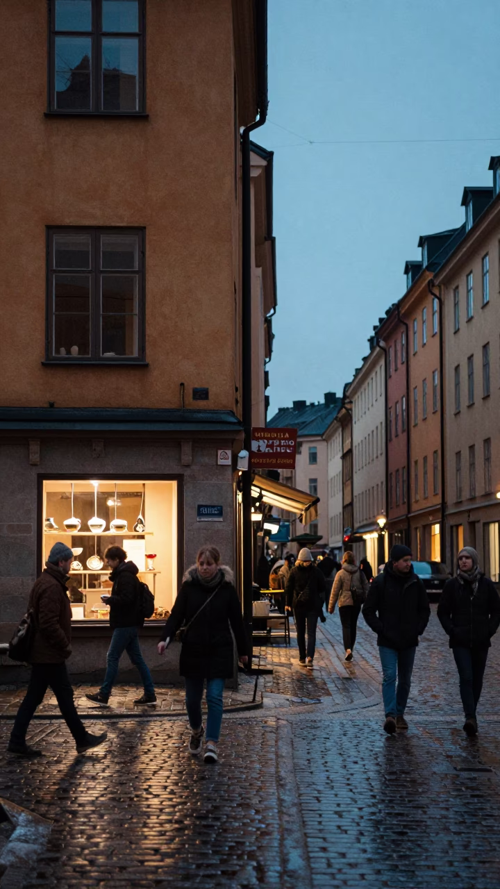 Busy Stockholm Street Scene at Nautical Dawn with Vintage Paper Lanterns and Ledger in in Stockholm, Sweden