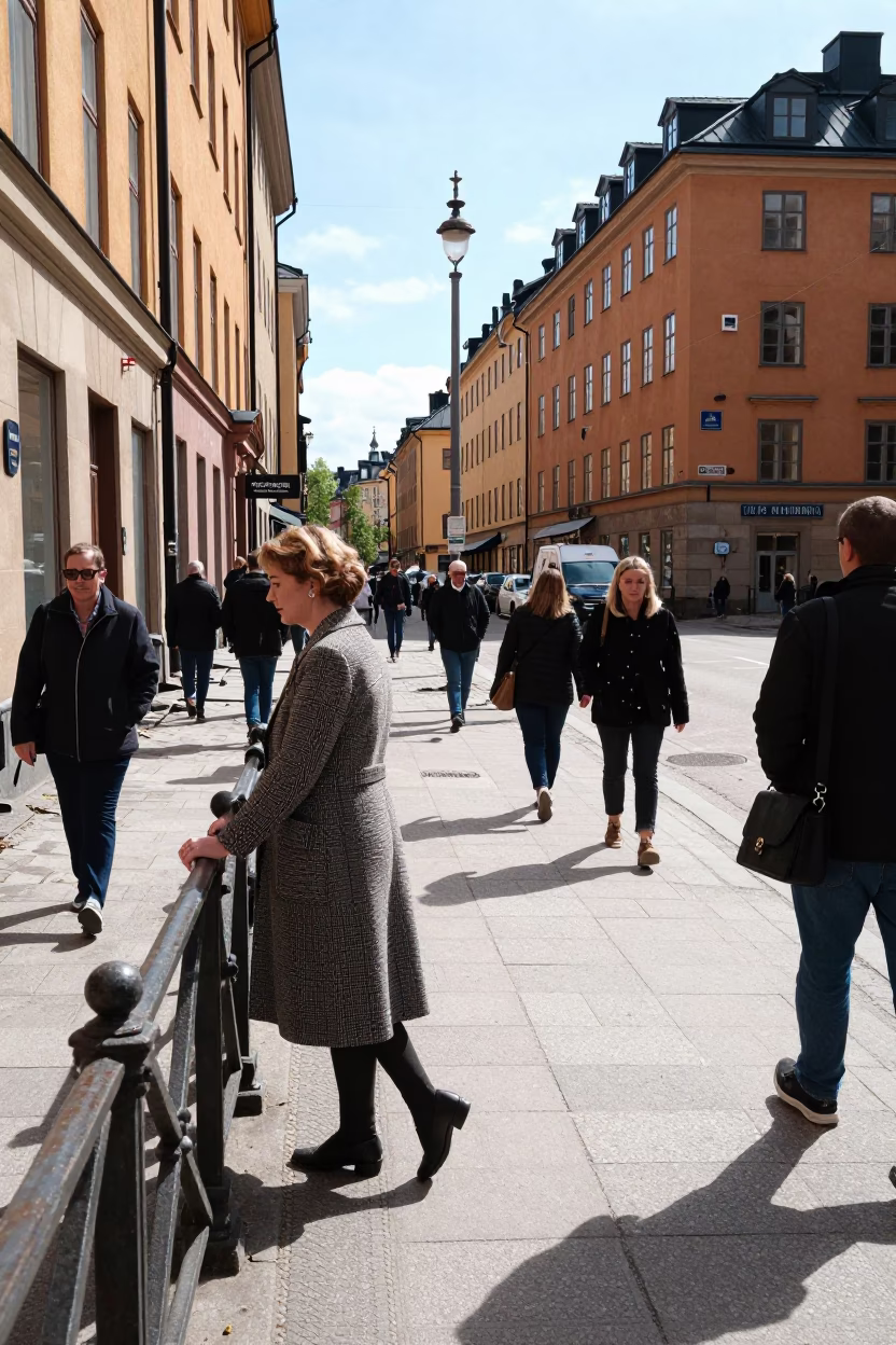 Busy Stockholm Street Scene at Noon with Pedestrians and Vintage Details in in Stockholm, Sweden