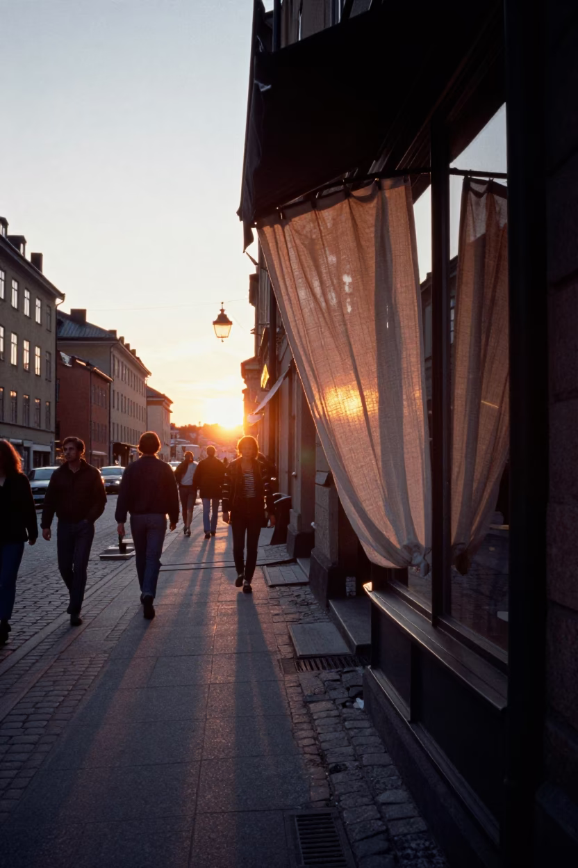Busy Stockholm Street Scene at Sunset with Linen Curtains and Urban Life in in Stockholm, Sweden