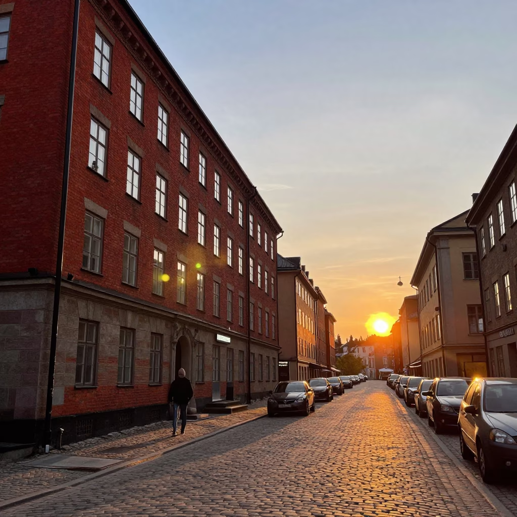 Busy Stockholm Street Scene at Sunset with Red Brick Facades and Pedestrians in in Stockholm, Sweden
