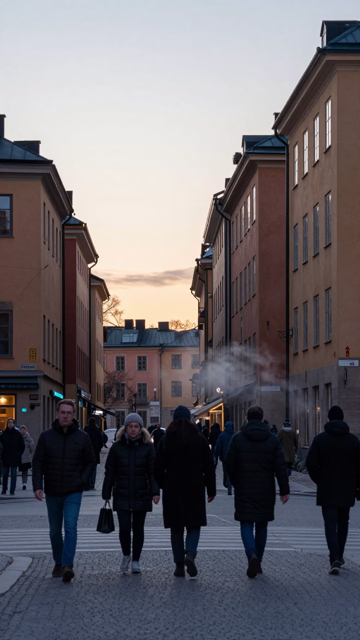 Busy Stockholm Street Scene Before Sunrise with Traditional Swedish Bakery and Commuters in in Stockholm, Sweden