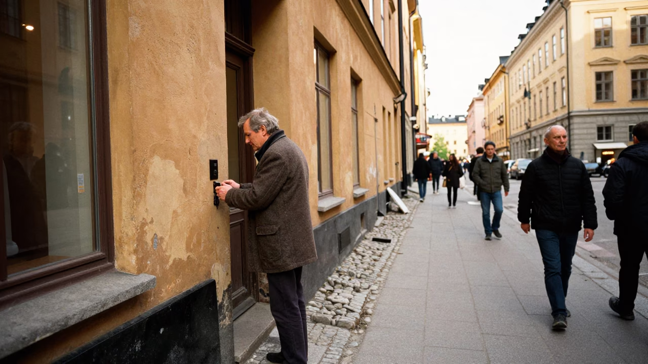 Busy Stockholm Street Scene Early Afternoon with Iron Deadbolt and Cold Chain Logistics in in Stockholm, Sweden