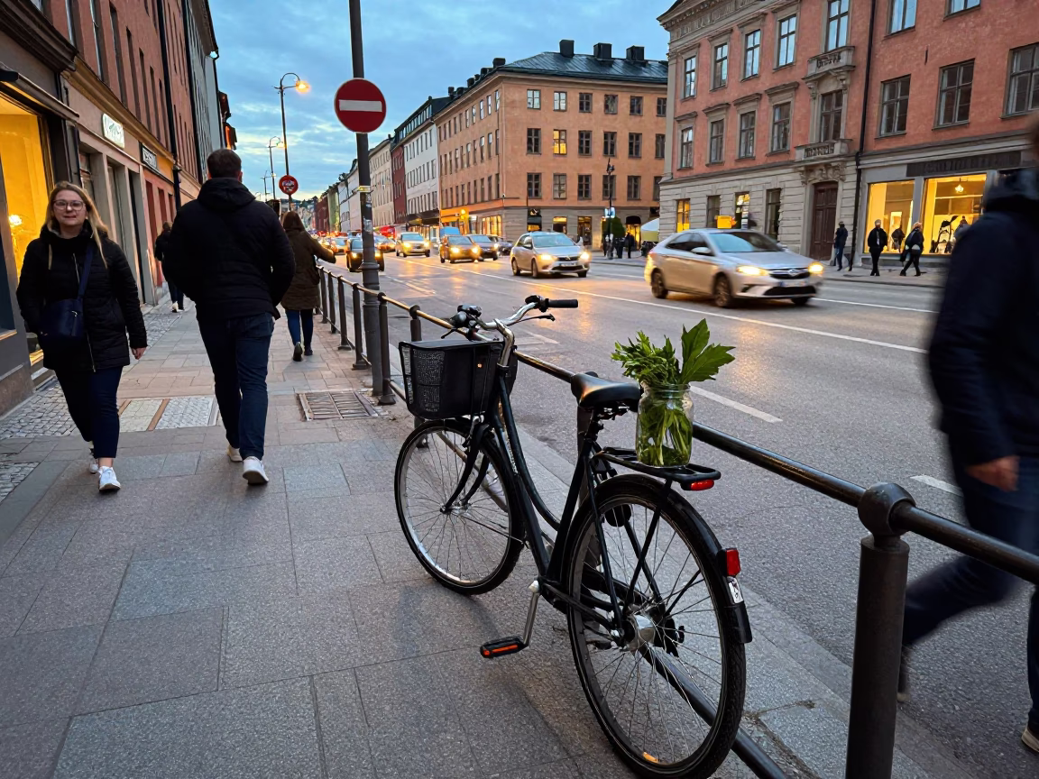 Busy Stockholm Street Scene Early Evening with Bicycle and Glass Jar in in Stockholm, Sweden