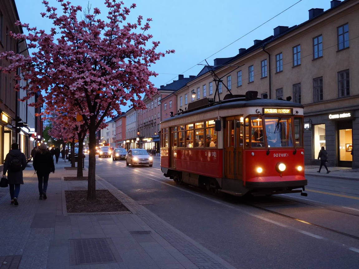 Busy Stockholm Street Scene Early Evening with Old Trolley and Pink Dogwood Tree in in Stockholm, Sweden