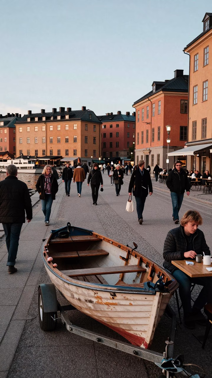 Busy Stockholm Street Scene Early Evening with Rowboat and Chess Clock in in Stockholm, Sweden