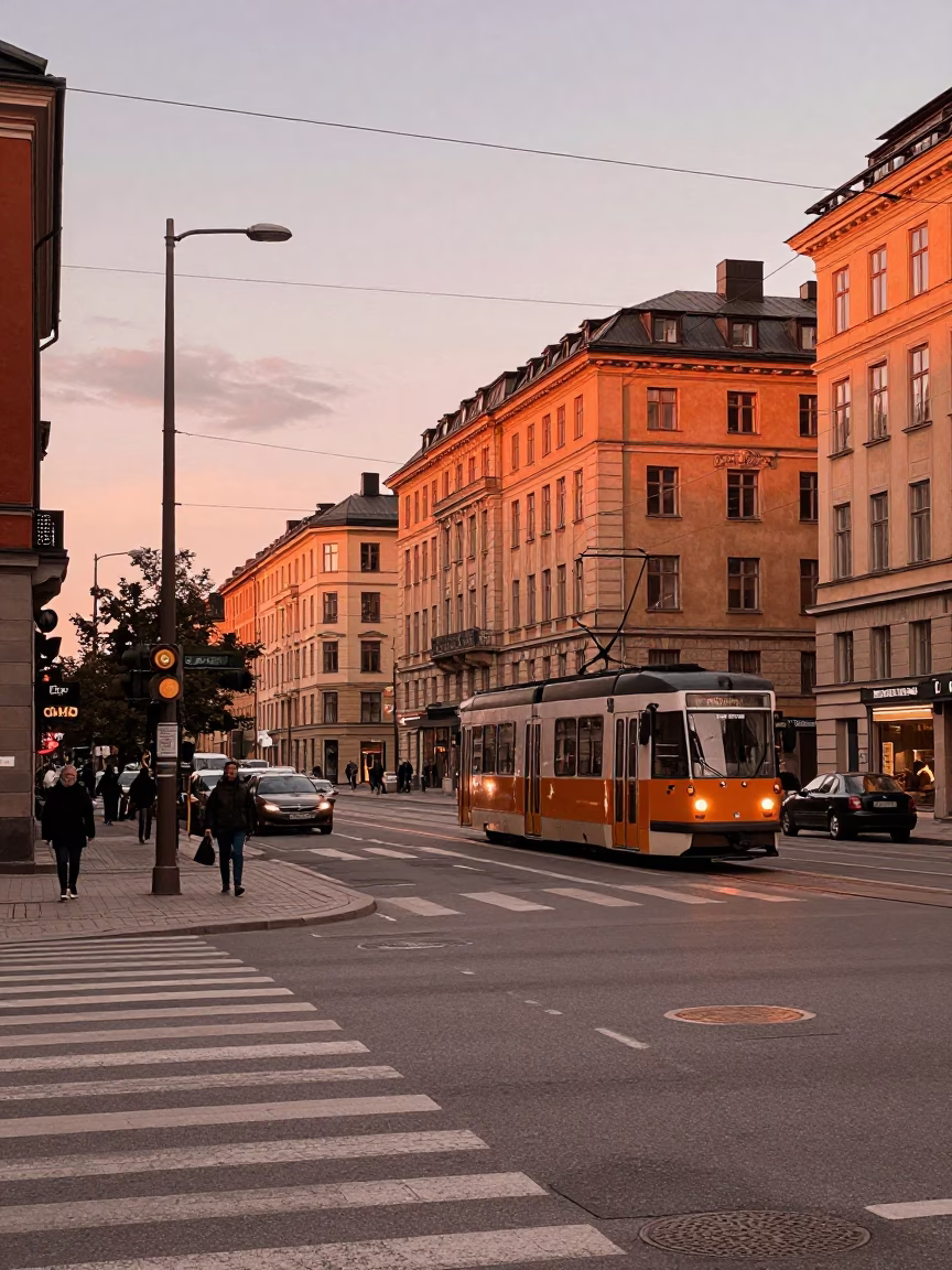 Busy Stockholm Street Scene in Copper Toned Light Before Dusk with Bauhaus Style Architecture in in Stockholm, Sweden