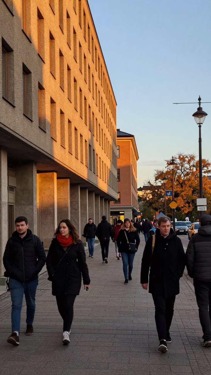 Busy Stockholm Street Scene in Honeyed Evening Light with Concrete Brutalist Architecture in in Stockholm, Sweden