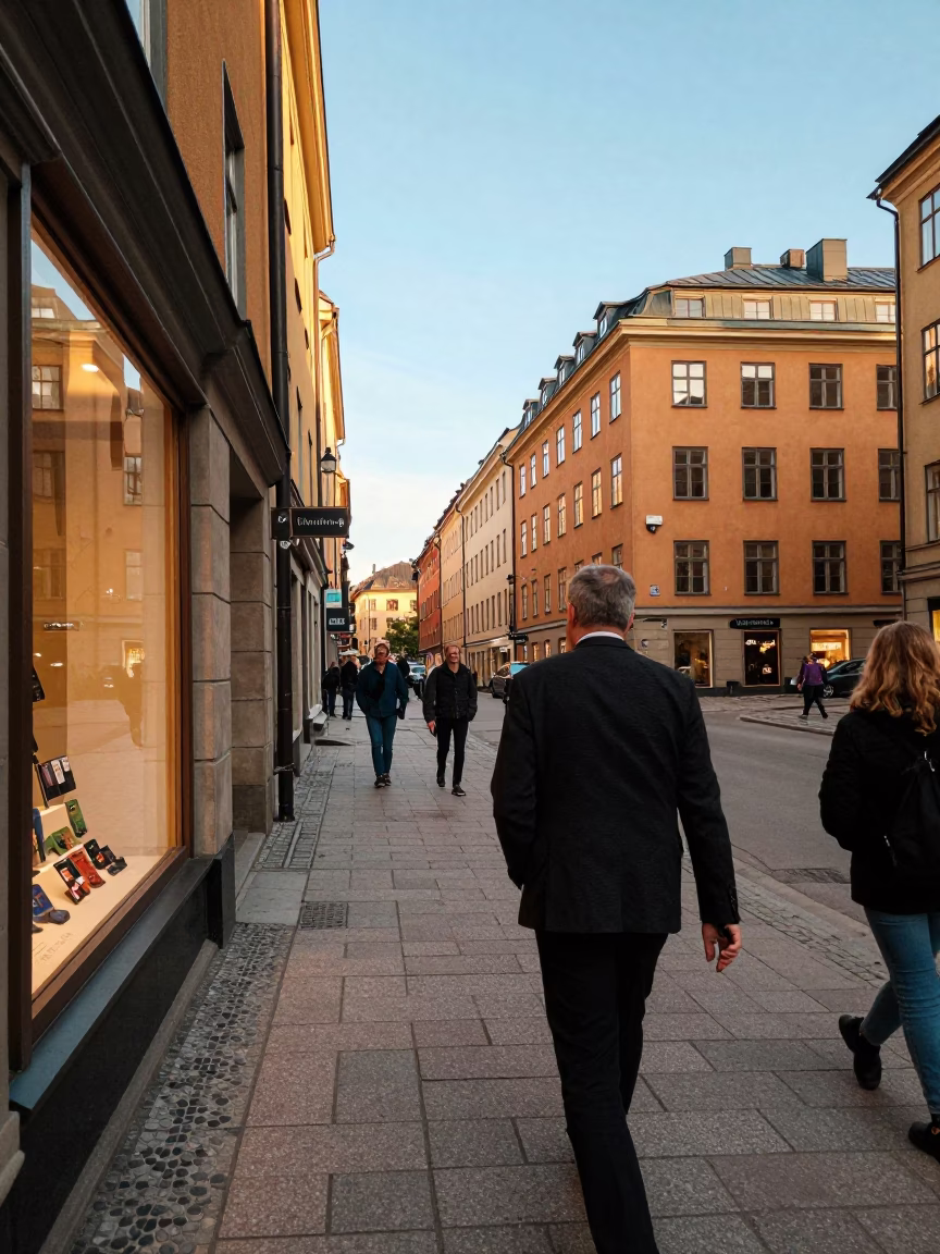 Busy Stockholm Street Scene in Late Afternoon Light with Vintage 1950s Atmosphere in in Stockholm, Sweden