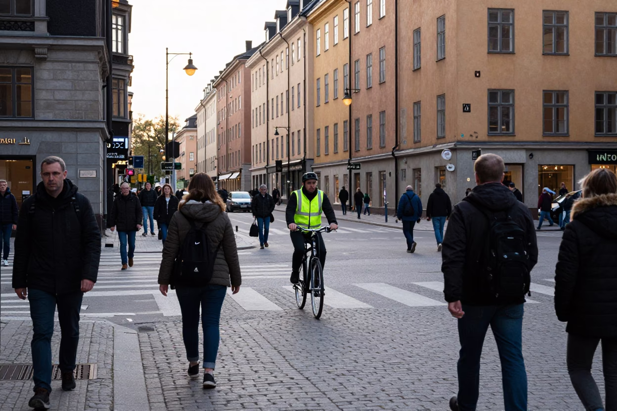 Busy Stockholm Street Scene Just After Sunrise with Pedestrians and Urban Life in in Stockholm, Sweden