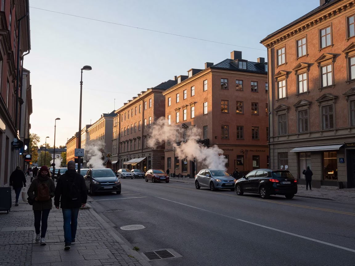 Busy Stockholm Street Scene Late Afternoon with District Heating Pipes and Autumn Leaves in in Stockholm, Sweden