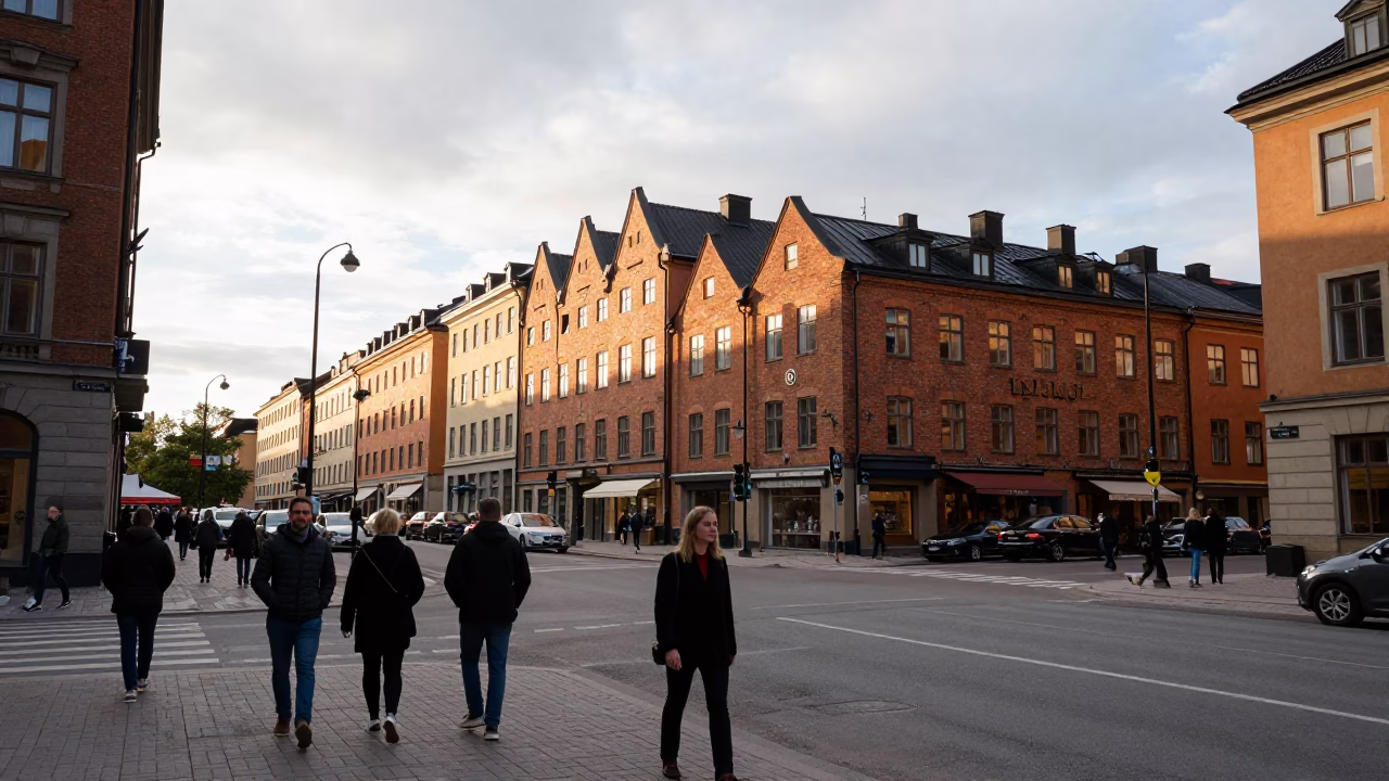 Busy Stockholm Street Scene Late Afternoon with Pedestrians and Vintage Architecture in in Stockholm, Sweden