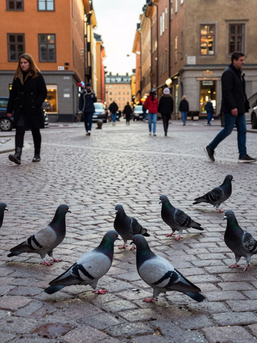 Busy Stockholm Street Scene Late Morning 1960s with Pigeons and Traditional Architecture in in Stockholm, Sweden