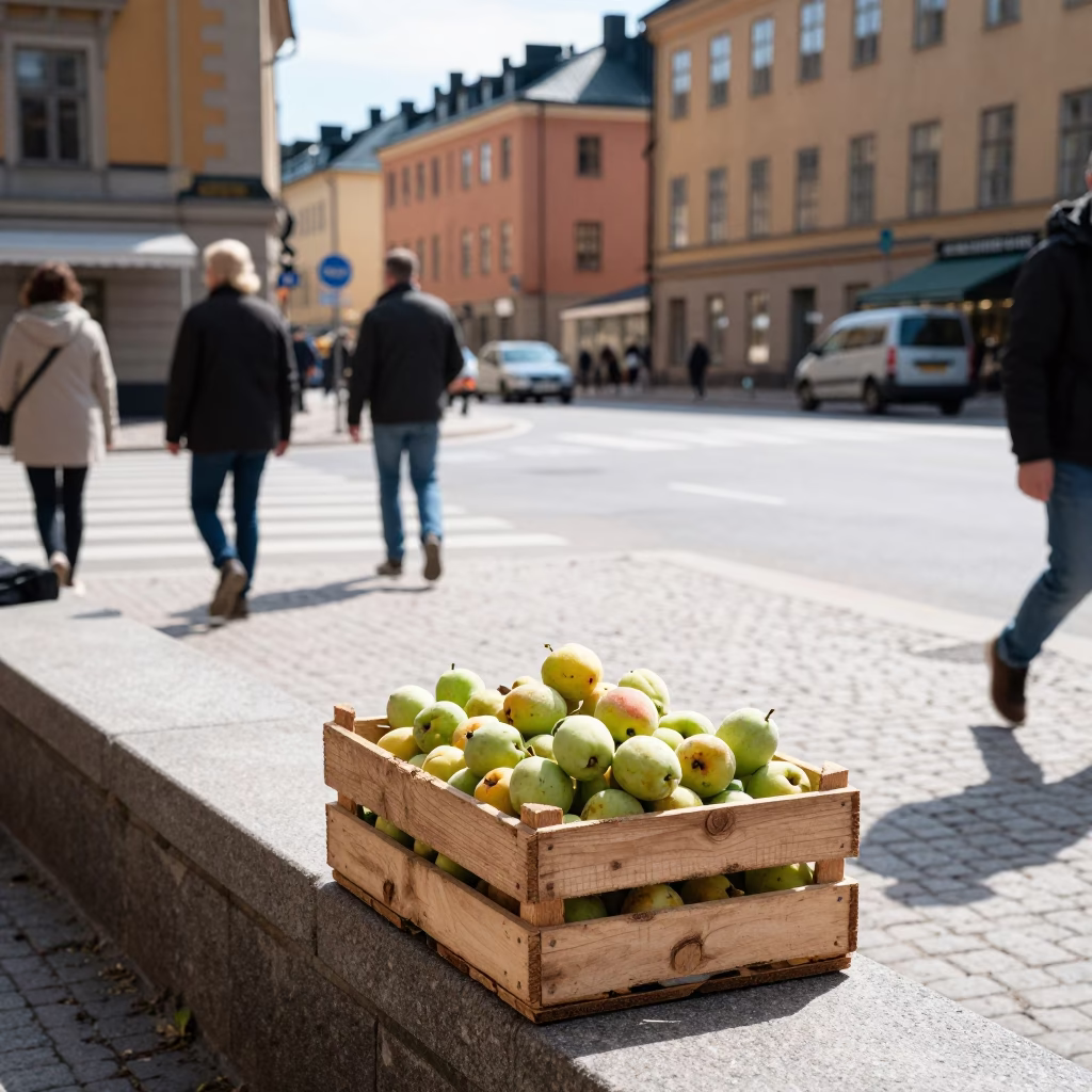 Busy Stockholm Street Scene Under Flat Noon Light with Wooden Crate and Pedestrians in in Stockholm, Sweden