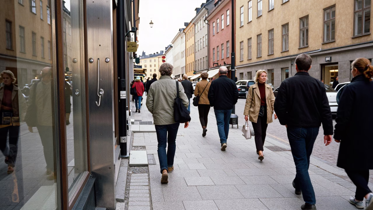 Busy Stockholm Street Scene with Brushed Steel Hook Plate and Urban Details in in Stockholm, Sweden