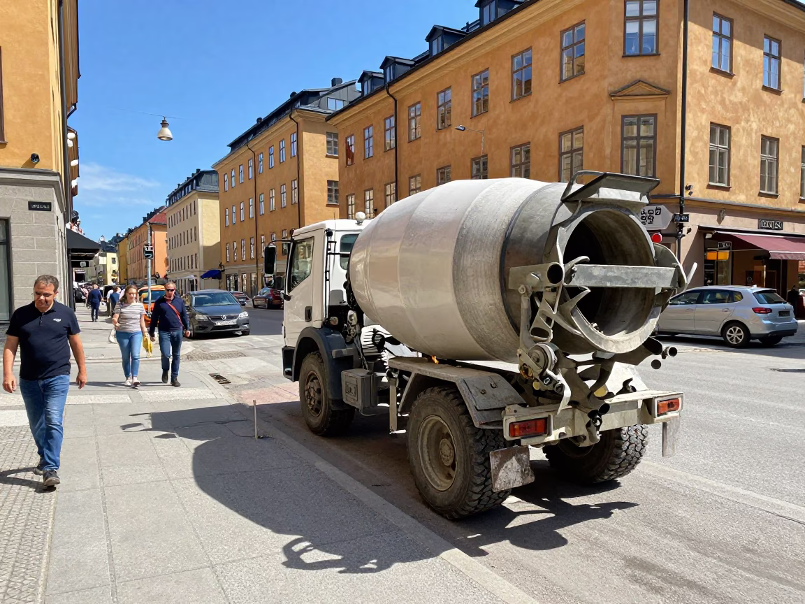 Busy Stockholm Street Scene with Construction and Daily Life in Bright Midmorning Light in in Stockholm, Sweden