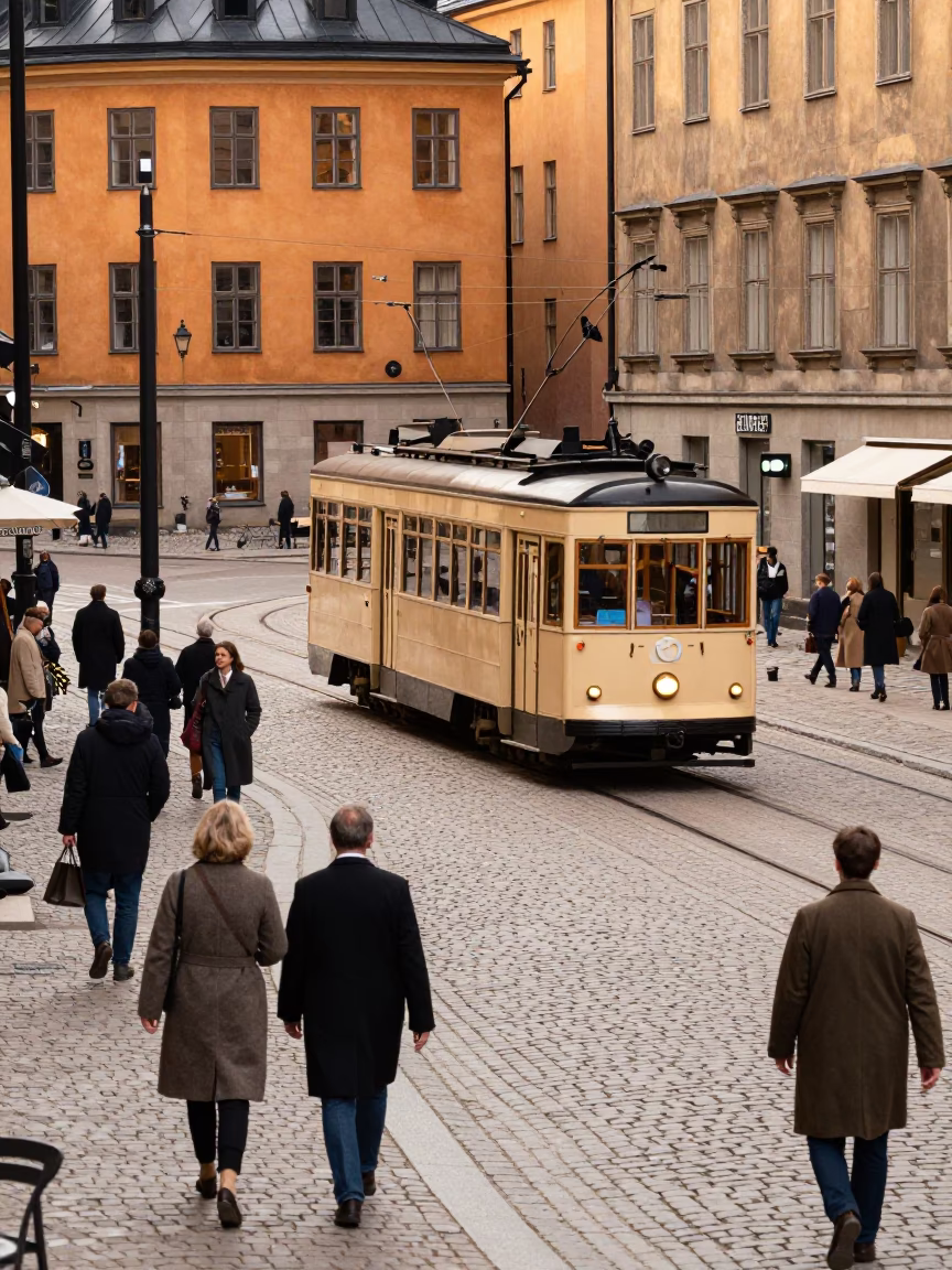 Busy Stockholm Street Scene with Heritage Tram and Cobblestones in Late Afternoon Light in in Stockholm, Sweden