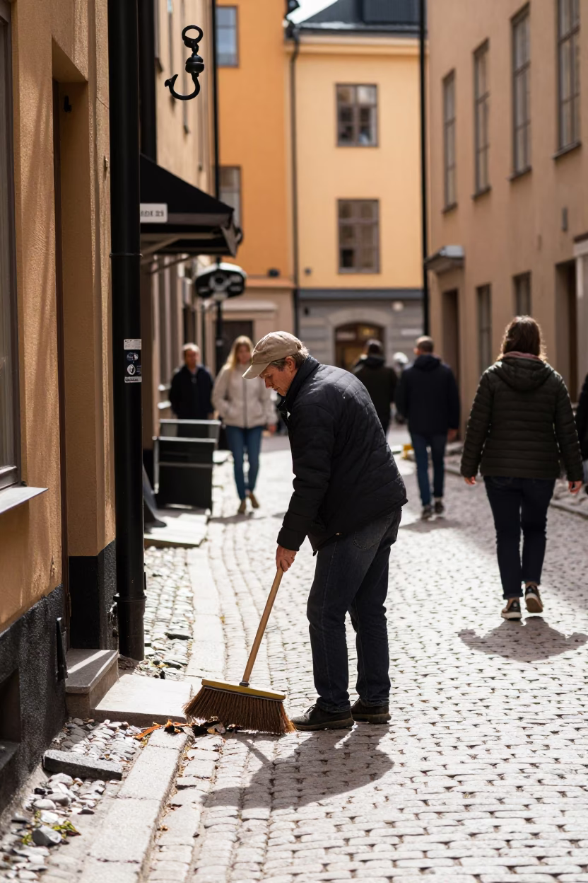 Busy Stockholm Street Scene with Iron Hook and Broom at Midday in in Stockholm, Sweden