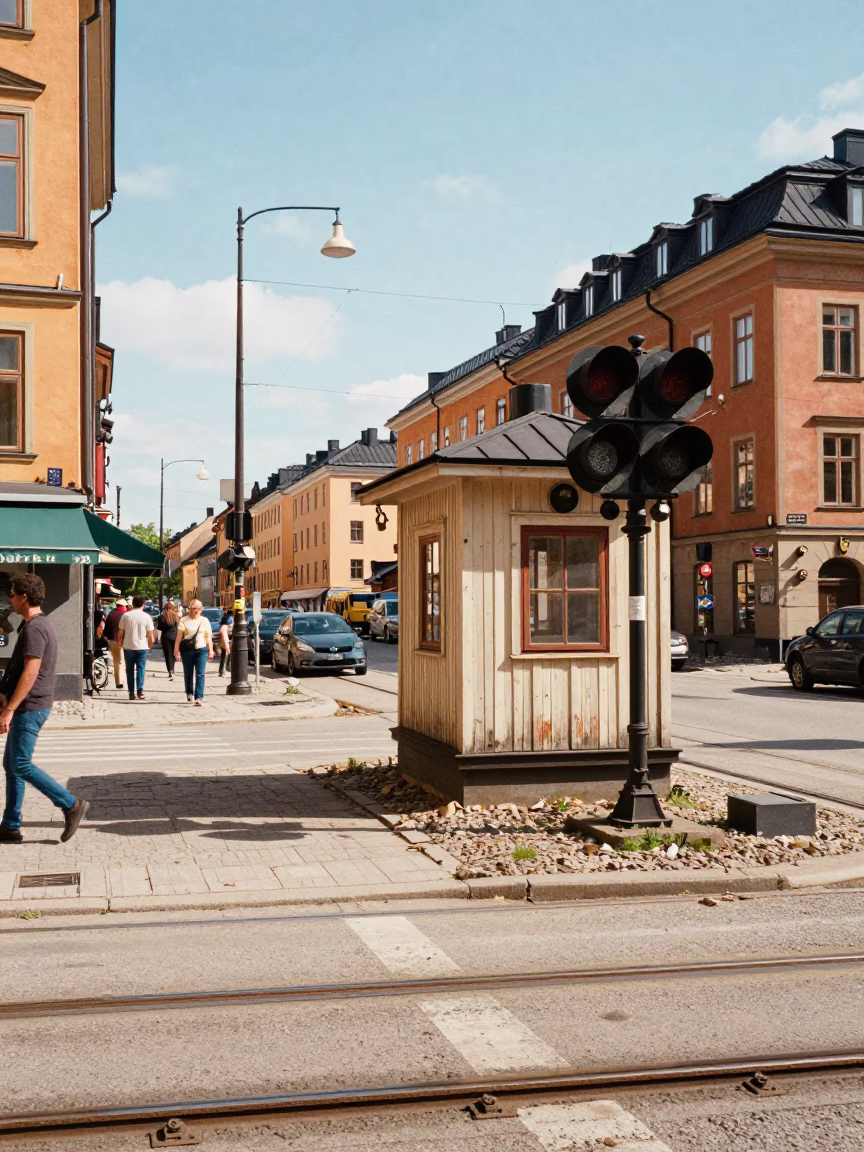 Busy Stockholm Street Scene with Padlock and Railway Signal Cabin in Bright Midmorning Light in in Stockholm, Sweden