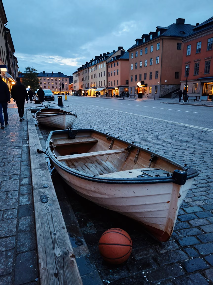 Busy Stockholm Sweden Street Scene at Dawn with Rowboat and Leather Basketball in in Stockholm, Sweden