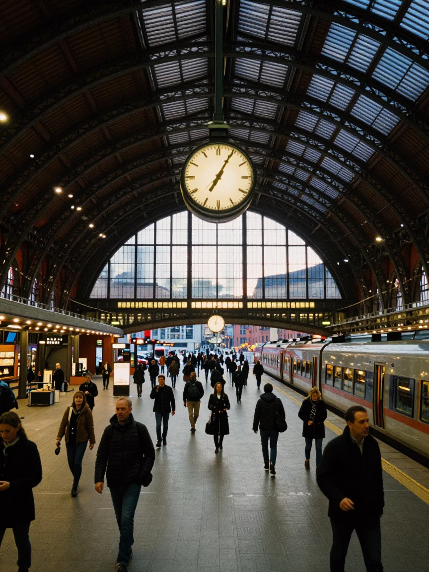Busy Stockholm Train Station Evening with Clock and Commuters Under Vaulted Roof in in Stockholm, Sweden