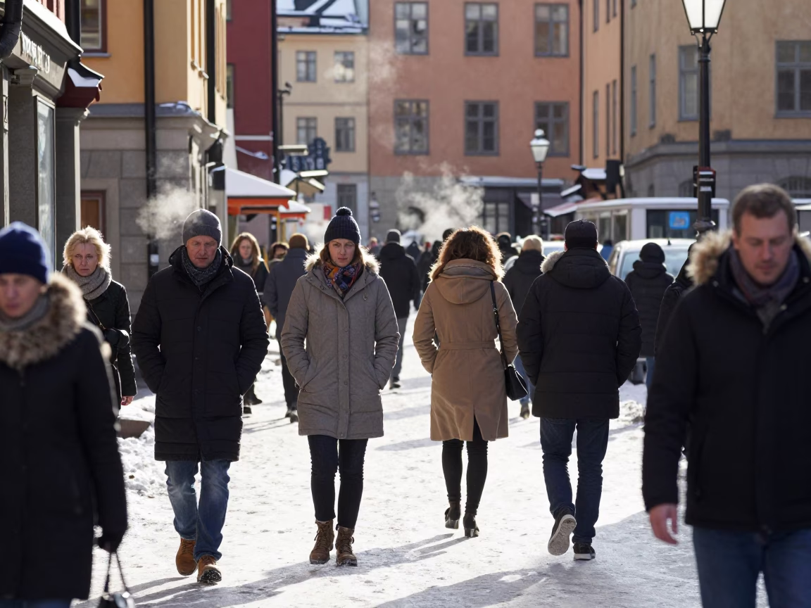 Busy Stockholm Winter Noon Street Scene with Colorful Details in in Stockholm, Sweden