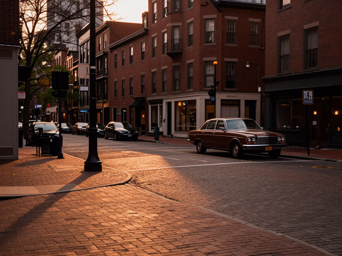 Busy Street Corner at Copper-toned Light Before Dusk in Boston in in Boston, Massachusetts, United States