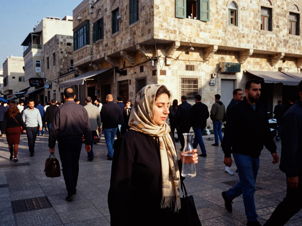 Busy Street Corner in Amman Jordan Late Morning with Scarf and Glass Carafe in in Amman, Jordan