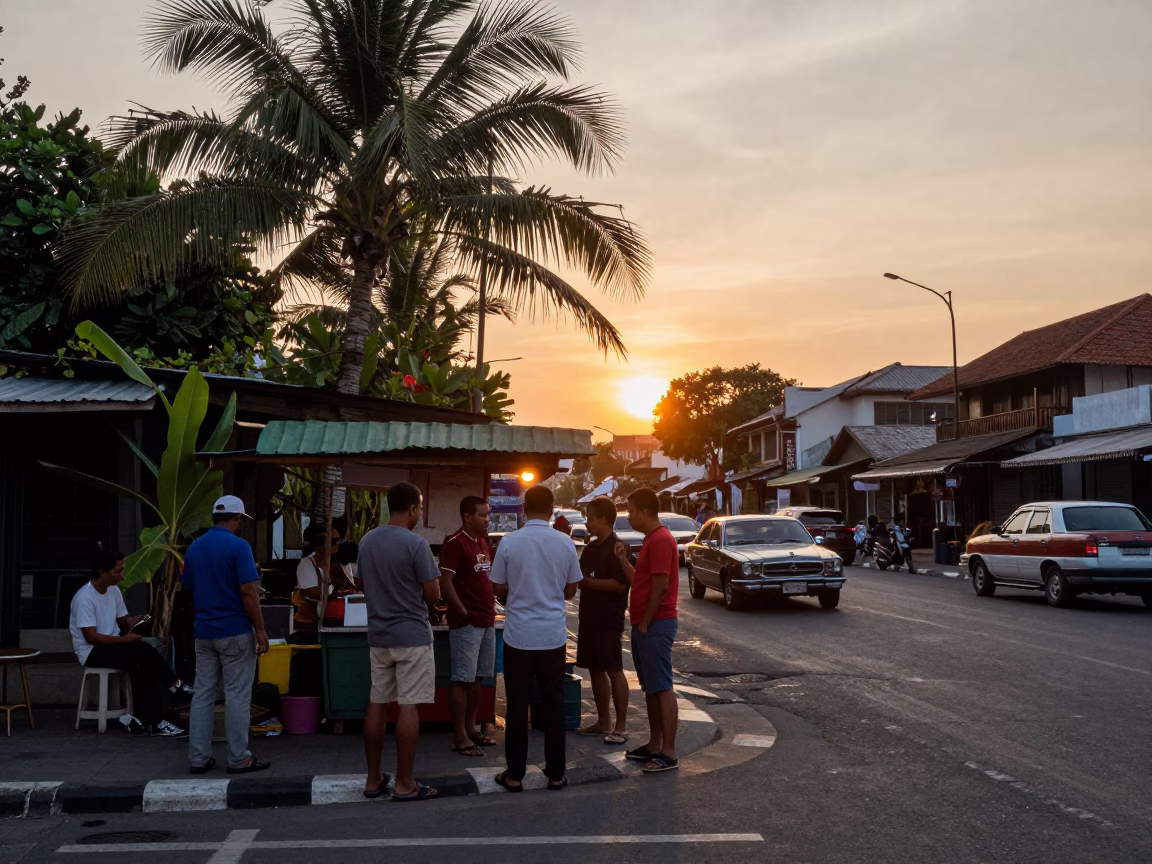 Busy street corner in Denpasar Indonesia at sunset with vintage 1950s ambiance in in Denpasar, Indonesia