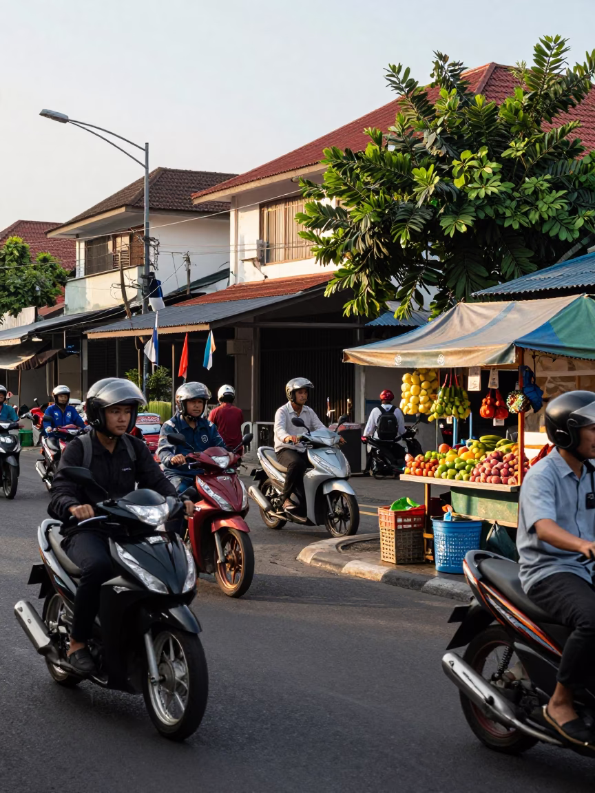Busy Street Corner in Denpasar Indonesia Early Afternoon with Motorbikes and Local Market Activity in in Denpasar, Indonesia