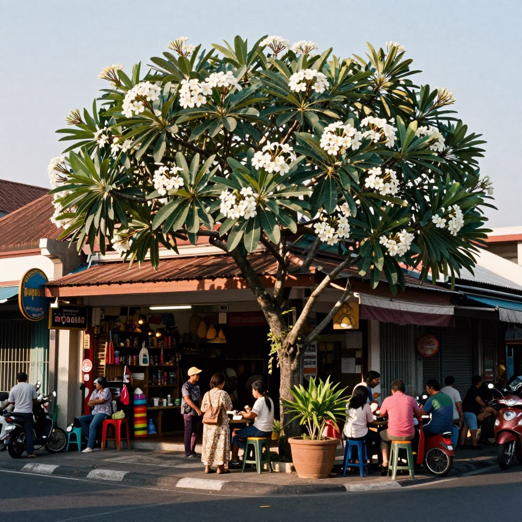Busy street corner in Denpasar Indonesia with plumeria tree and potted geraniums in in Denpasar, Indonesia