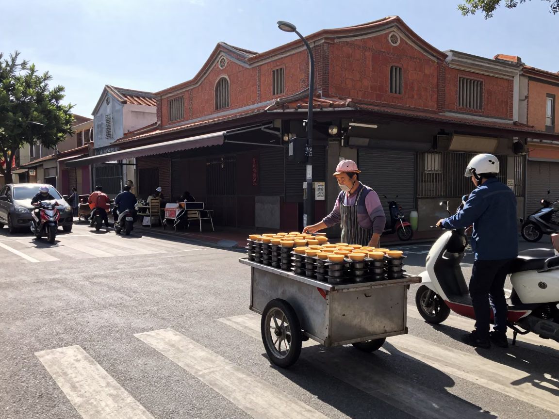 Busy street corner in Tainan Taiwan under bright noon sun with vendors and pedestrians in in Tainan, Taiwan