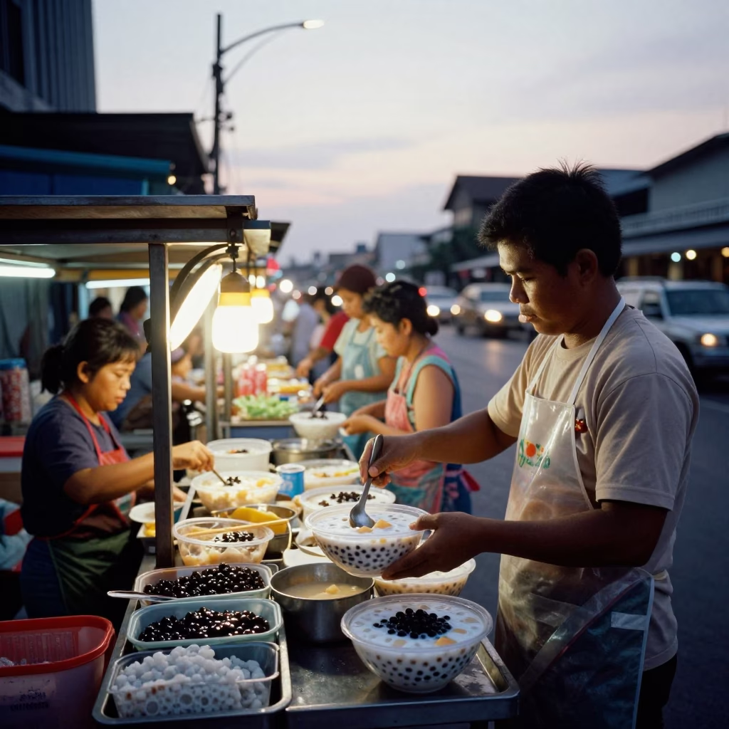 Busy street food stall at nautical dawn in Phuket Thailand with local breakfast items in in Phuket, Thailand