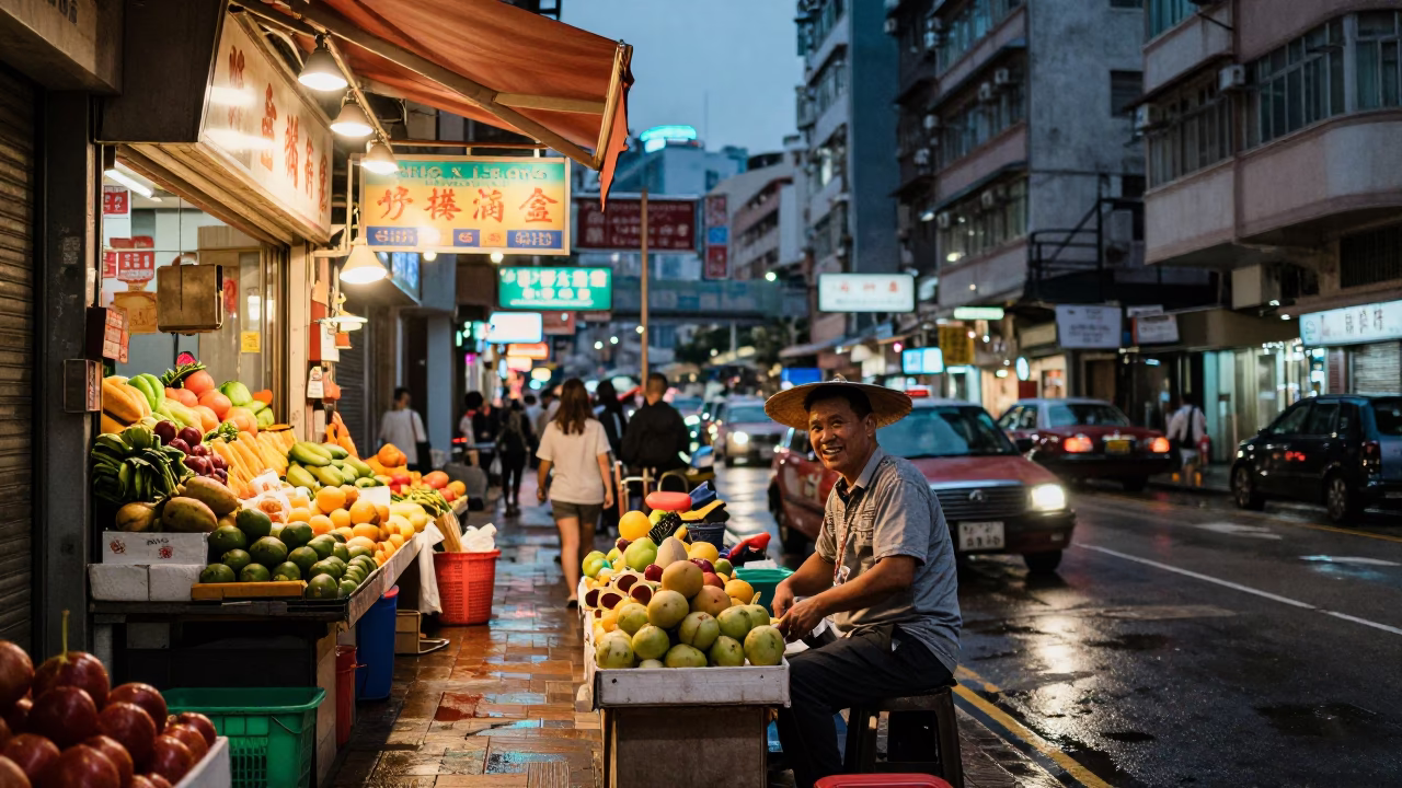 Busy Street in Hong Kong at Twilight in in Hong Kong, Hong Kong