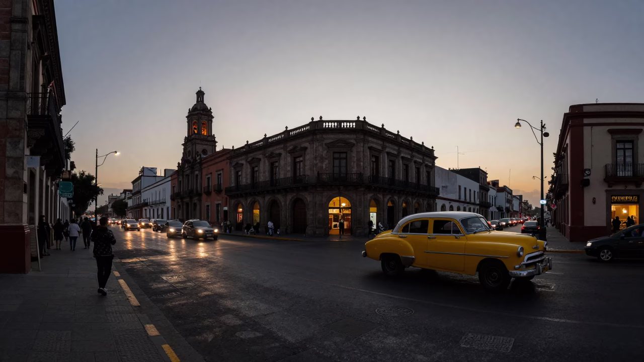 Busy Street in Mexico City at Nautical Dawn Light in in Mexico City, Mexico