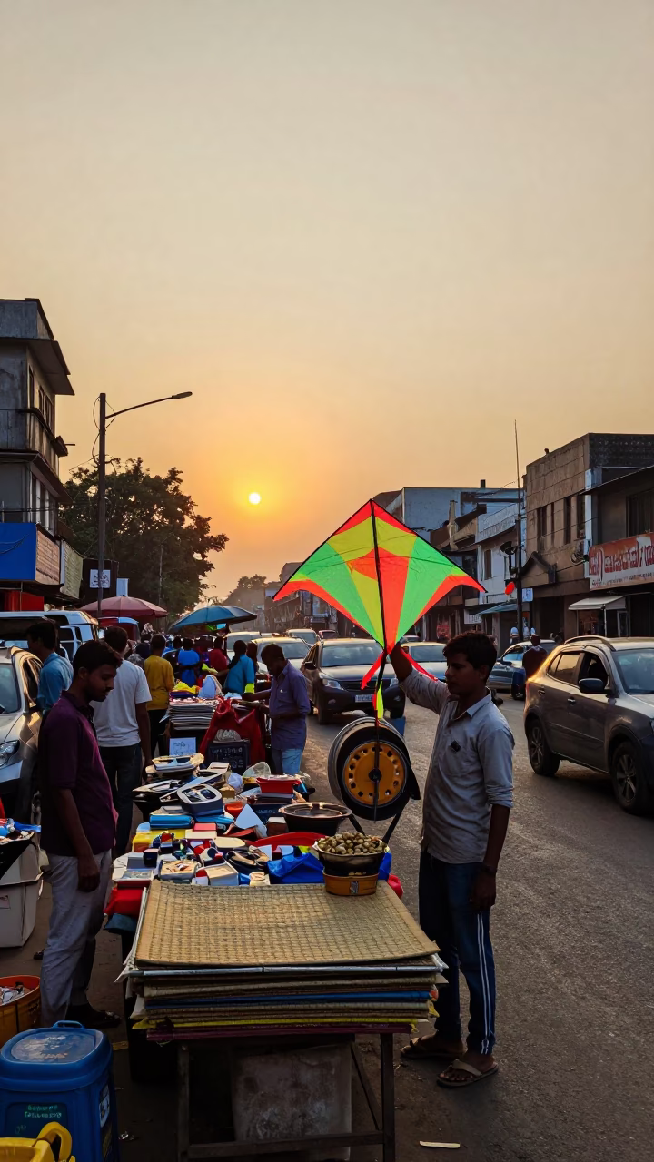 Busy Street in Mumbai at As The Sun Drops Toward The Horizon in in Mumbai, India