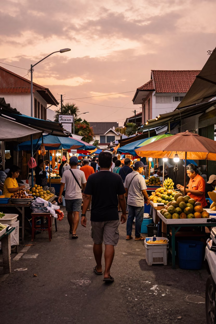 Busy Street Market in Denpasar Indonesia with Copper Toned Light Before Dusk in in Denpasar, Indonesia