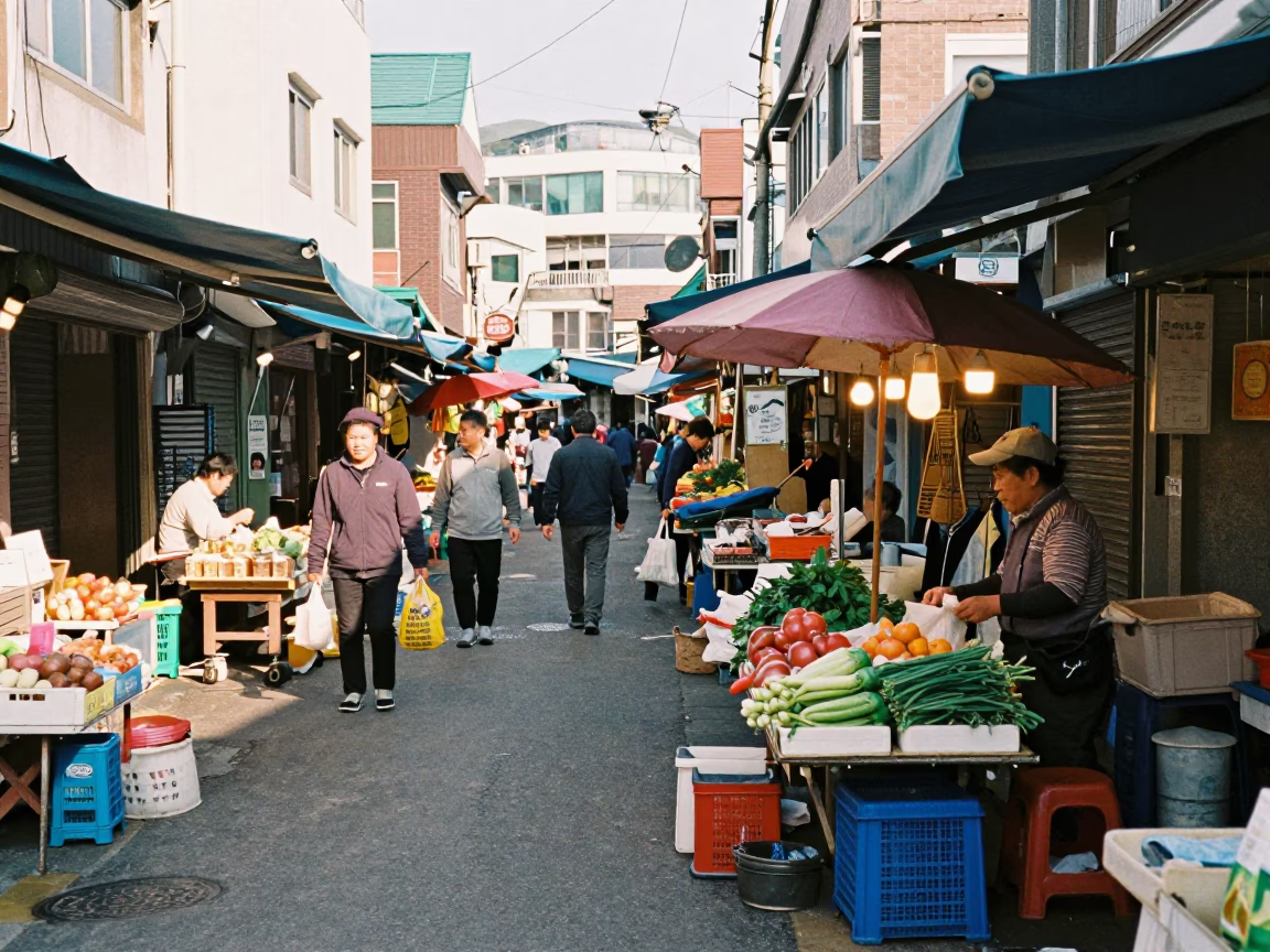 Busy Street Market Scene in Busan South Korea with Local Vendor and Pedestrians in in Busan, South Korea
