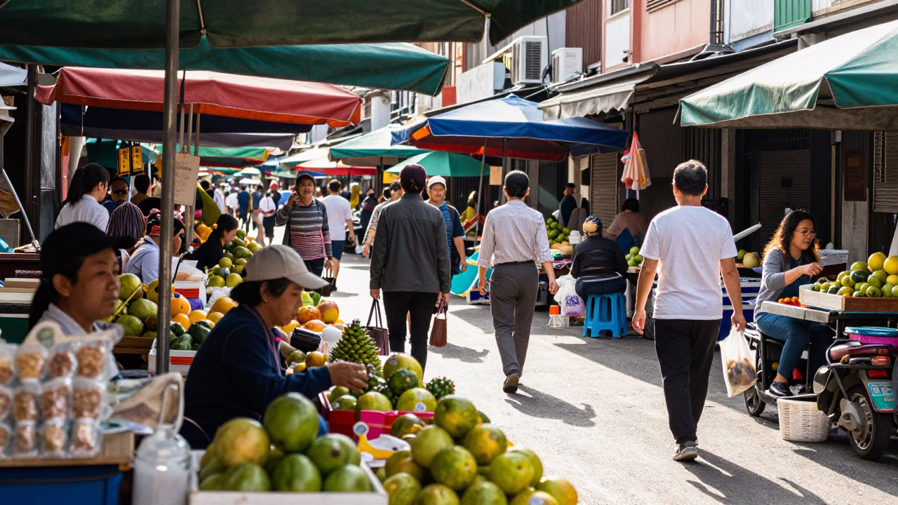 Busy Street Market Scene in Tainan Taiwan Midmorning Light with Local Food and Crafts in in Tainan, Taiwan