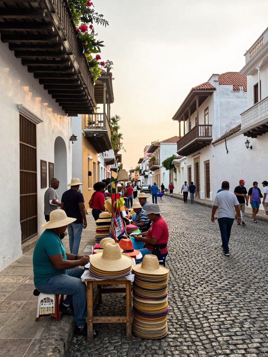 Busy Street Scene in Cartagena Colombia Late Morning with Sun Hats and Local Life in in Cartagena, Colombia