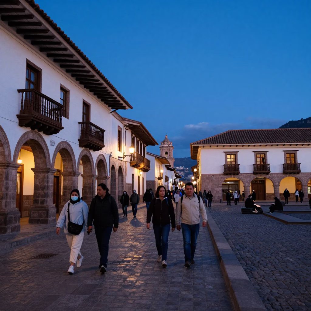 Busy street scene in Cusco Peru with colonial architecture and evening light in in Cusco, Peru
