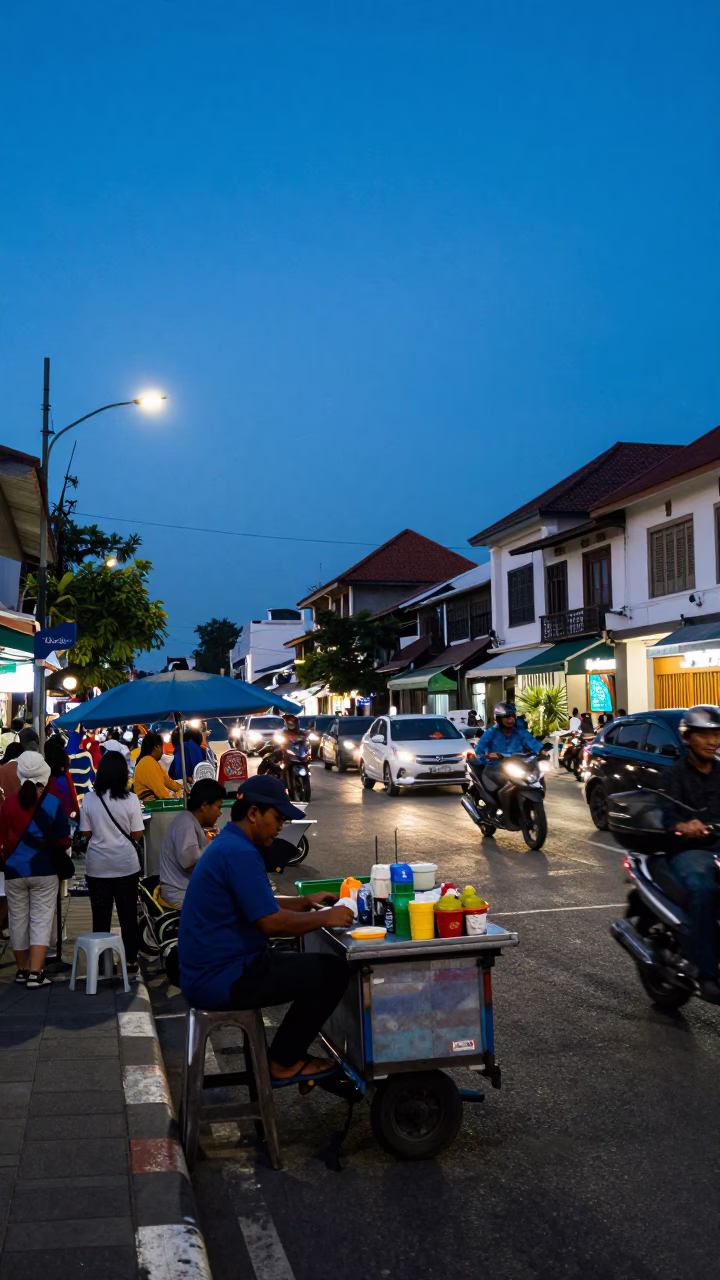 Busy Street Scene in Denpasar Indonesia at Blue Hour with Street Food Cart in in Denpasar, Indonesia