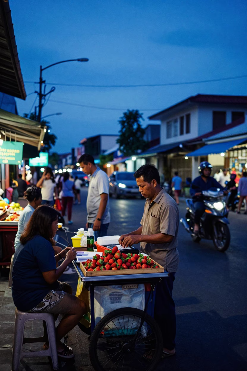 Busy street scene in Denpasar Indonesia indigo twilight with vendor and local life in in Denpasar, Indonesia