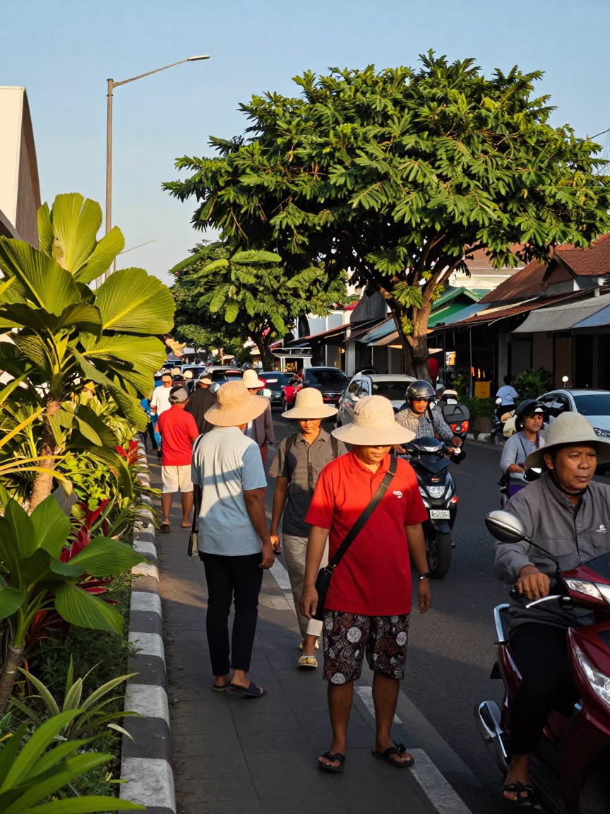 Busy Street Scene in Denpasar Indonesia Late Afternoon with Sun Hats and Local Life in in Denpasar, Indonesia