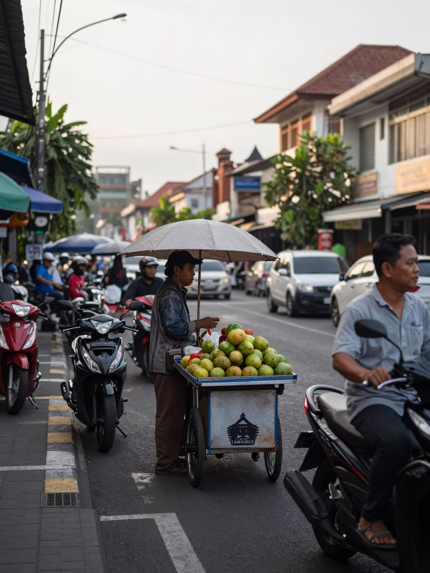 Busy Street Scene in Denpasar Indonesia Late Morning with Local Vendors and Daily Life in in Denpasar, Indonesia