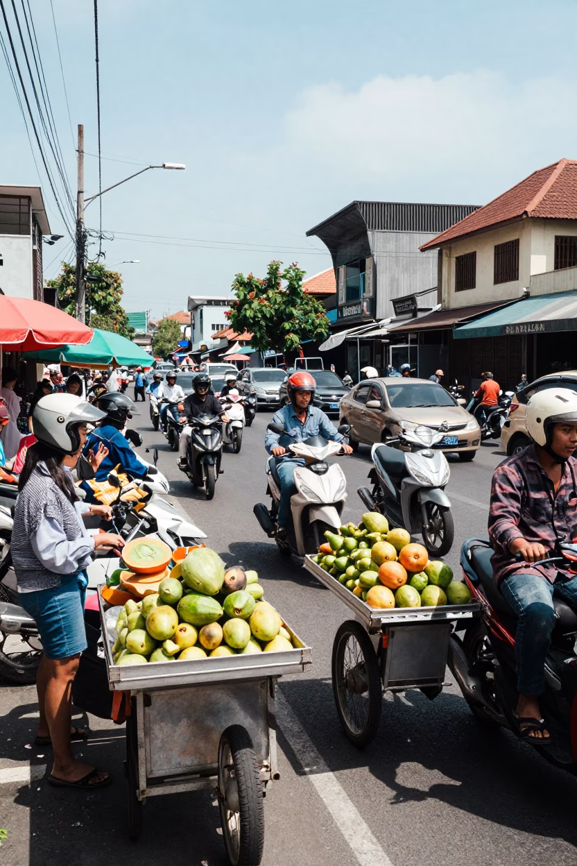 Busy street scene in Denpasar Indonesia midday traffic and local commerce in in Denpasar, Indonesia